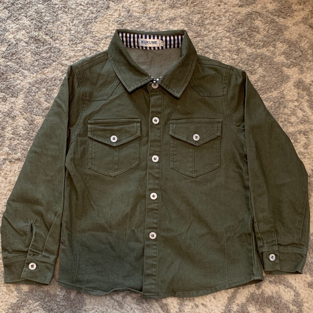 8-10 size Green Kids Shirt Button Up- Perfect for Jason Voorhees costume